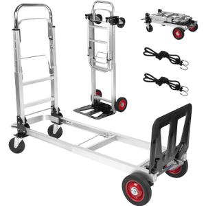 Aluminum 3-in-1 Folding Hand Truck, 500Lbs Heavy Duty Dolly Cart with 2 Large 6-Inch Quiet Rubber Wheels, 2 360 Swivel Wheels, 2 Bungee Cords, Portable Dolly for Home, Office, Warehouse, Packages