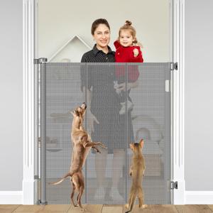 Reinforced 48" Extra Tall Dog Gate with Support Rods, 4 Ft Tall Retractable Dog Gates for Doorways 55" Wide Mesh Baby Gate for Cats - Prevent Baby/Pet from Jumping Over, Gray
