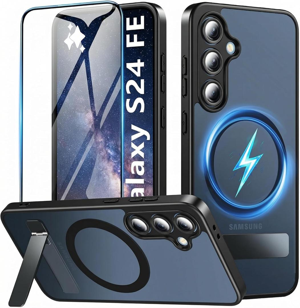 Hensinple for Samsung Galaxy S24 FE Case with Stand & Screen Protector,S24 FE Case Compatible with Magsafe, Military Shockproof Kickstand Matte Transparent Phone Case for Galaxy S24 FE(Black)