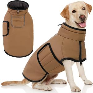AOFITEE Dog Coat, Waterproof Dog Jacket, Dog Winter Coat with Harness Hole & High Collar, Warm Fleece Dog Snow Jacket for Cold Weather, Reflective Dog Snowsuit for Large Dogs, Great Dane, XXXL (Brown)