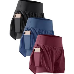 CADMUS 2 in 1 Women's Workout Shorts for Athletic Gym Running Shorts with Phone Pockets (Medium, 3 Pack: 06# Black & Navy & Wine Red)