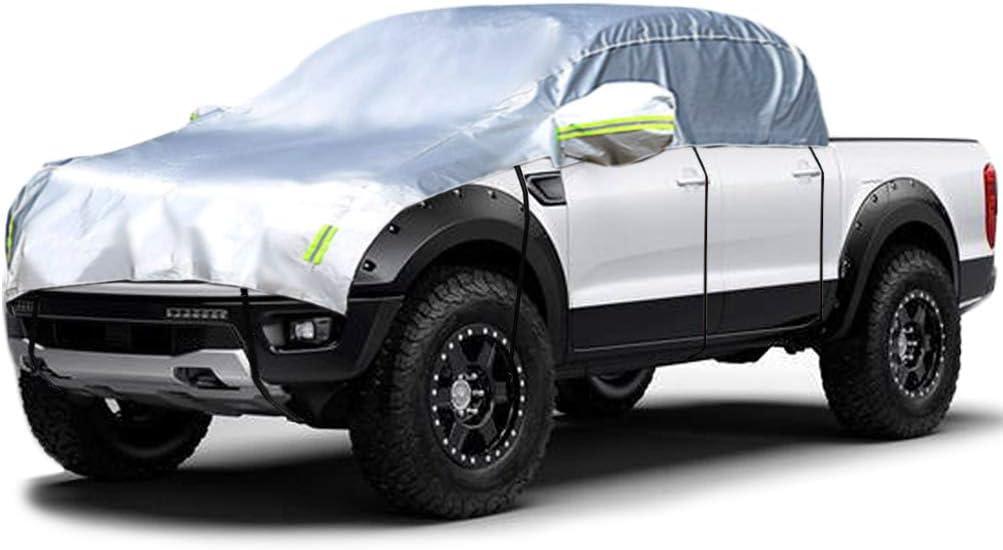 Half Car Cover All Weather Car Body Cover Sunshade Cover Snow Cover Waterproof Snowproof Universal 210D Oxford Fabric (Fit Small/Medium Size Pickup (Crew Cab))