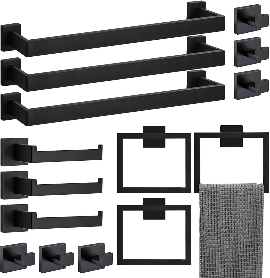 15 Pieces 23.6-Inch Bathroom Hardware Accessories Set,Black TStainless Steel Bathroom Hardware Set,Bath Towel Bar Kit