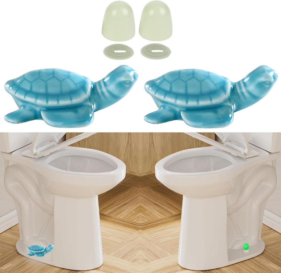 2Packs Ceramic Turtle Toilet Bolt Caps & 2Pcs Glow in the Dark Universal Toilet Bolt Covers to Avoid Rusting, Decorative Bathroom Toilet Bolt Easy Installation (Light Blue)