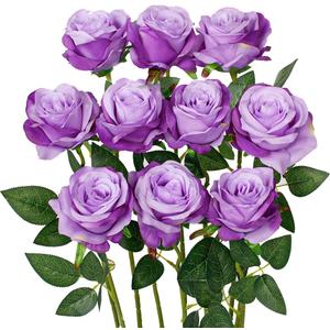 Luyue 10PCS Artificial Roses Flower with Stems Silk Fake Flowers Bouquet Realistic Long Stem Faux Rose for Valentines Day Wedding Home Decor (Light Purple)