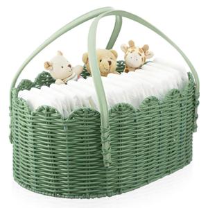 Premium PE Rattan Diaper Caddy Organizer with Handles, Easy-clean PE Wicker Storage Basket, Sage Green Nursery Organizer for Baby Essentials & Baby Shower Gifts
