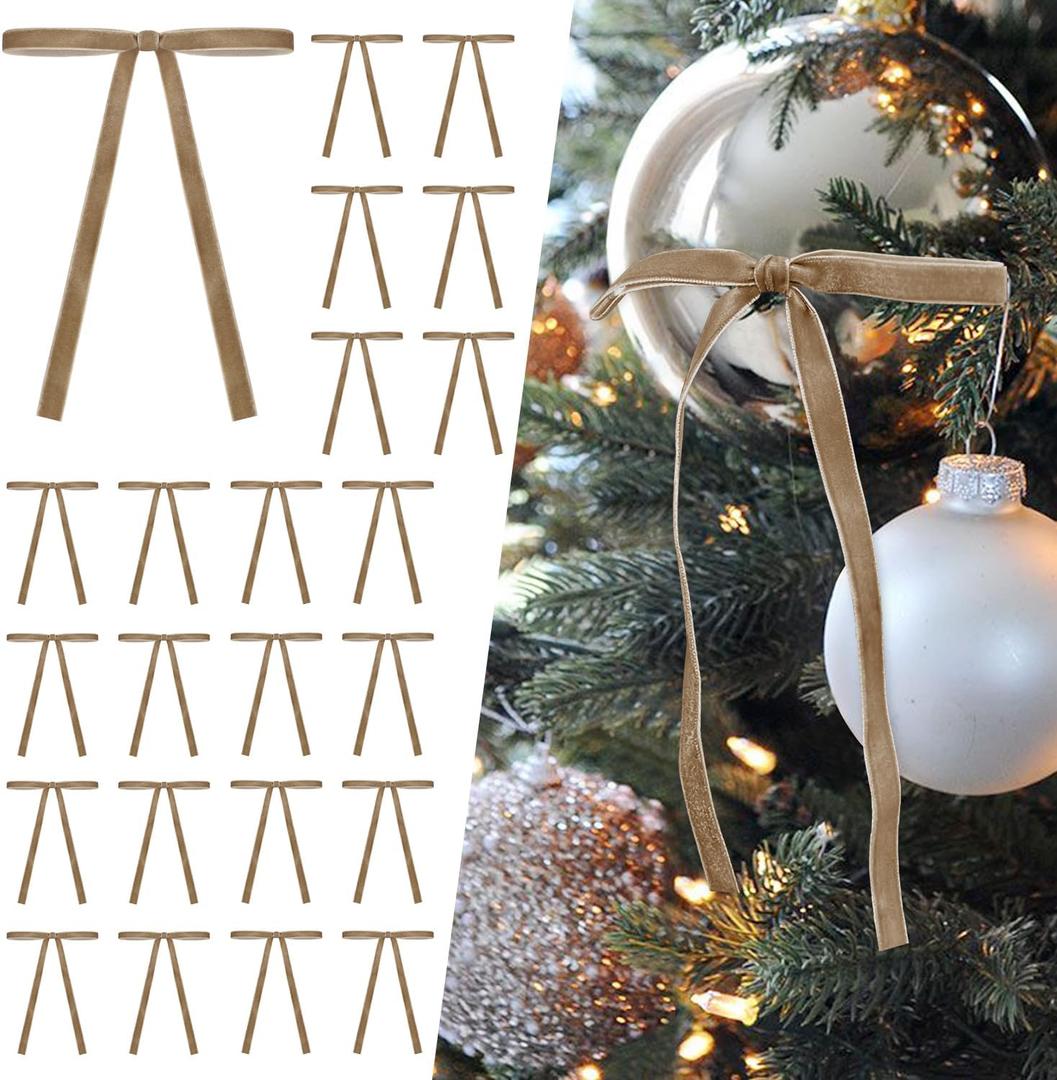 SIMISI RIBBON 24 Pcs Khaki Velvet Christmas Tree Bows Door Garland Decor Vintage Wreath Bow (3/8'' Wide, 5 * 7 inch)