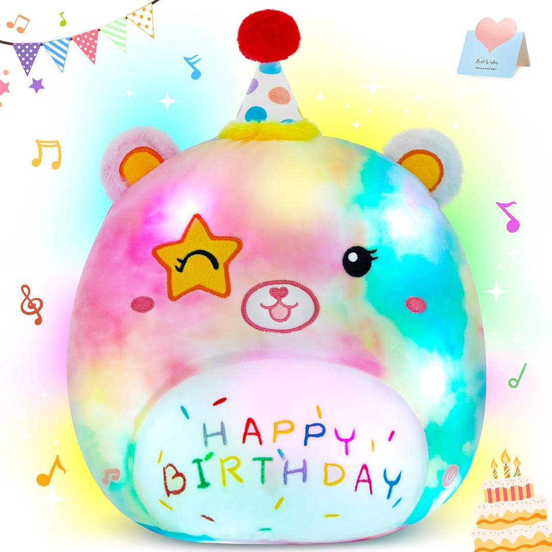 14" Happy Birthday Light up Musical Bear Plush Pillow Cute Rainbow Stuffed Animal Soft Kawaii Birthday Plushie Star Wink Funny Pillows Home Room Decoration Gifts for Toddlers Kids Girls