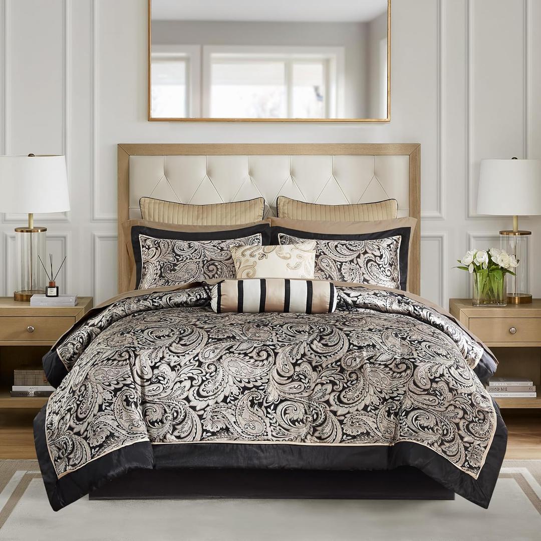 Madison Park Aubrey Cozy Comforter Set, Faux Silk Jacquard Paisley Design - All Season Down Alternative Bedding with Cotton Bed Sheets, Bed Skirt & Toss Pillows, King Black 12 Piece (Black Biab 12pcs)
