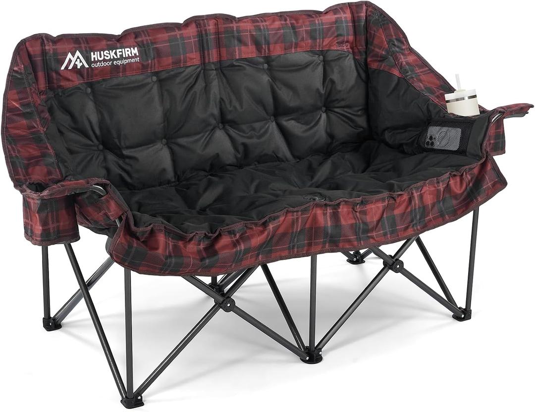 Huskfirm Padded Double Camping Chair, Camping Couch, Black & Red Plaid