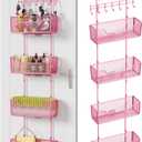 HapiRm Over Door Organizer Storage - Hanging Door Organizer with 4 Metal Large Capacity Baskets and Adjustable Coat Hook for Bathroom Bedroom Kitchen Pantry Closet Cabinet (Pink)