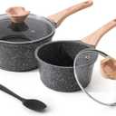 Sauce Pan Set with Lid, 1.5QT & 2.5QT Non Stick Small Pots with Granite Coating, Saucepan with Pour Spout, Multipurpose Induction Cooking Pans, PFOA/PFOS Free