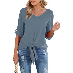 SUEANI Women's Tie Front Knot Long Sleeve Loose Fit V Neck Floral Blouses Chiffon Tops Shirts (Medium, Blue Gray)