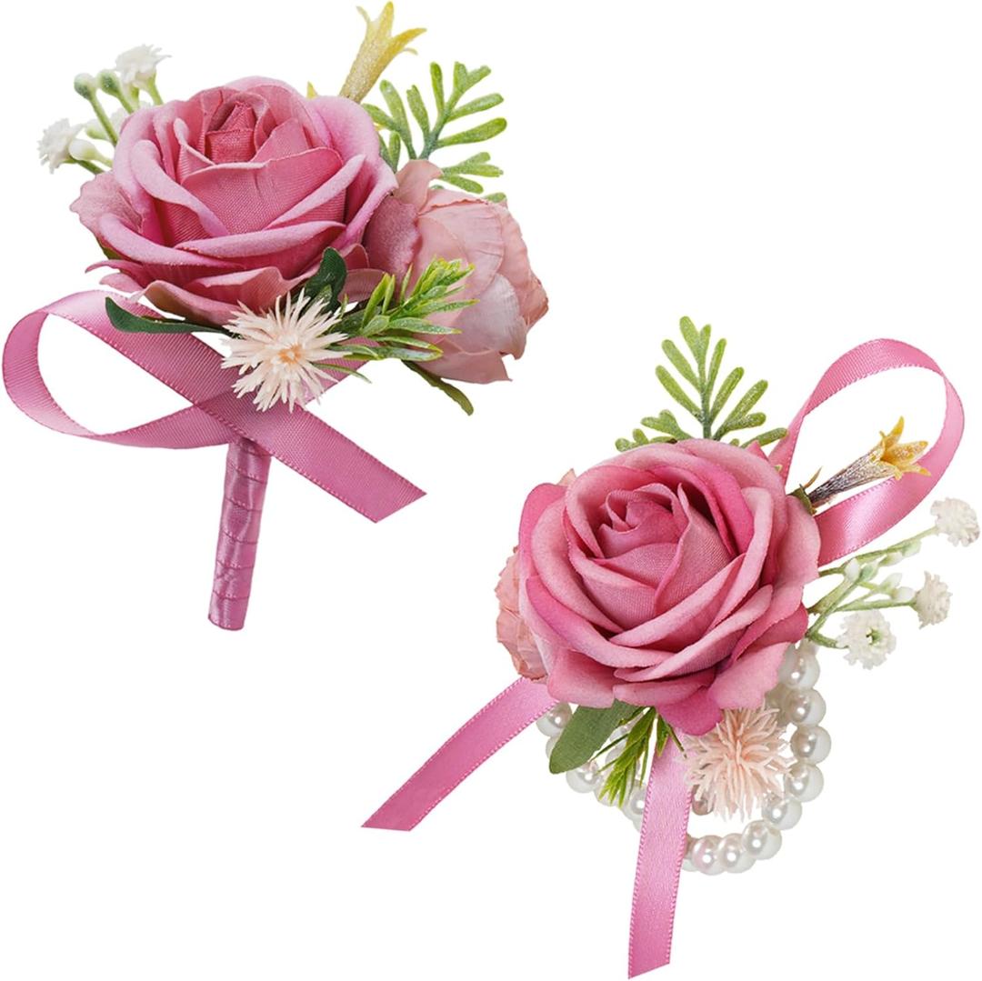AuroraAria Pink Corsage and Boutonniere Set, Silk Prom Corsage Wristlet Band Bracelet for Homecoming, Wedding, Prom Suit Accessories