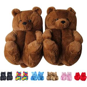 LELEBEAR Teddy Bear Slippers, Plush Animal Slippers Winter Warm Shoes (One Size, Dark Brown)