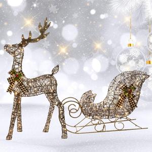 Lighted Christmas Decorations Deer & Sleigh 2 Pcs - HOYECHI Light up Christmas Decor Rattan Deer Set for Indoor Home Outdoor Front Yard Porch with 160 LED Lights, Extension Cord, Ground Stakes - Brown