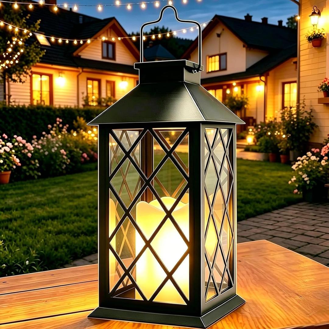 14" Large Tempered Glass Solar Lanterns Outdoor Waterproof, Hanging Solar Lights with Flickering Flameless Candles, Retro Solar Lantern for Wall Porch Patio Table Garden Decoration (Black)