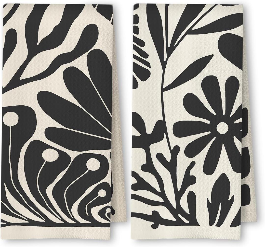 Abstract Boho Neutral Floral Kitchen Towels Set of 2, 70s Retro Groovy Beige Black and White Botanical Dish Tea Towels for Kitchen Bathroom Decor, Mid Century Modern Hand Towels, 16x24in