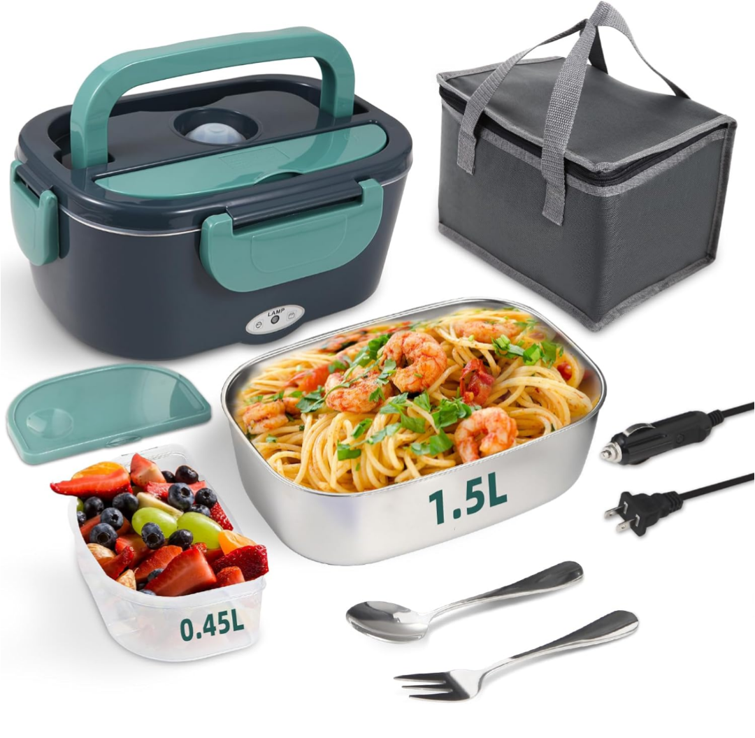 Electric Lunch Box Food Heater, 80W Portable Warmer for Car Truck Work with 304 Stainless Steel Container, 12V/24V/110V Green Heated Lunch Box Suitable for Ideal Driver/Work/Gift