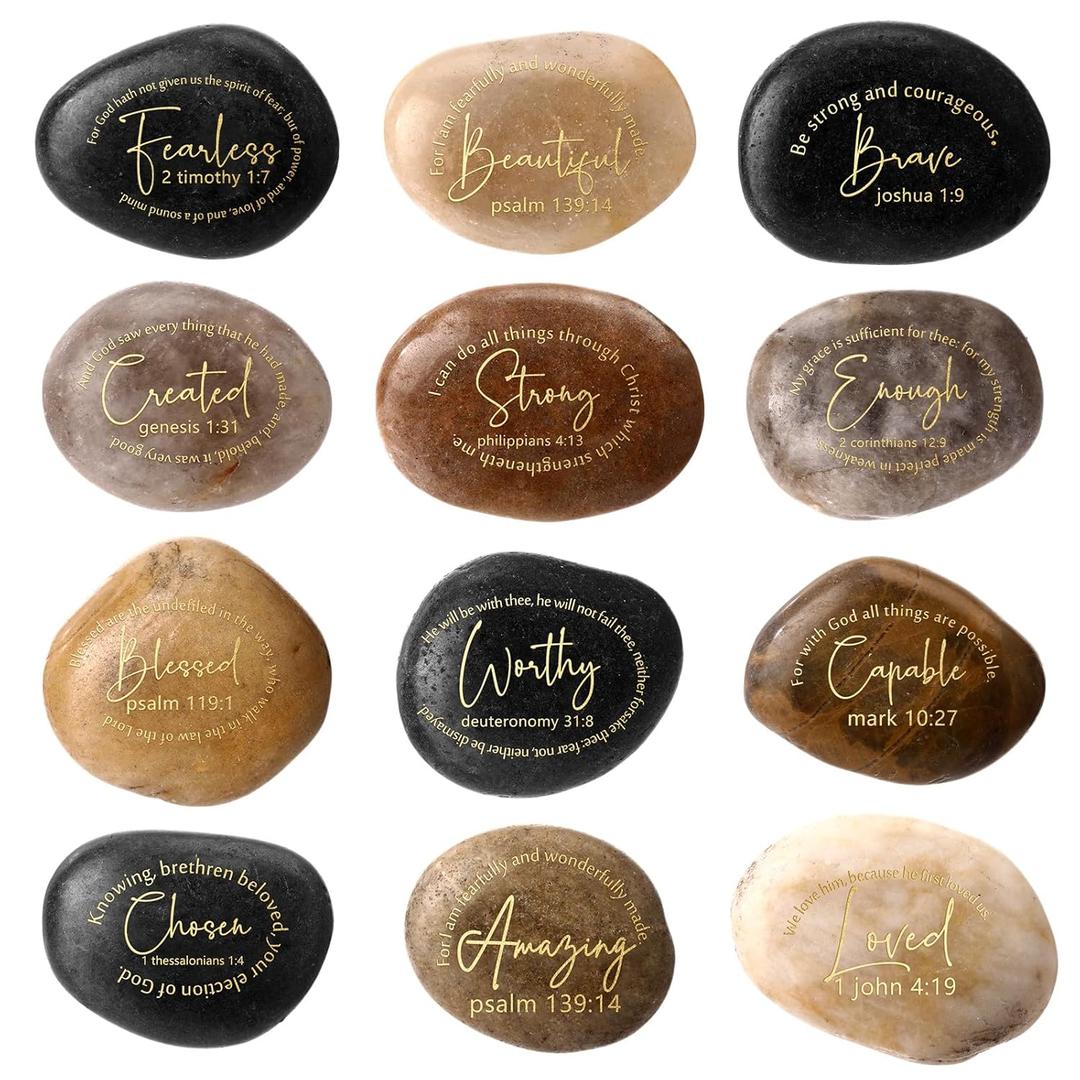 Landical 12 Pcs Bible Verses Scripture Stones Gifts Christian Inspirational Rocks Engraved Stones with Inspiring Prayer Words Mother's Day Religious Gifts for Women Zen Group Home Decor