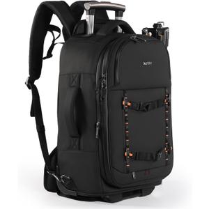 Cwatcun Rolling Camera Backpack Luggage With Trolley Wheel for DSLR Cameras,Lenses,Extra Large for Professional Photographer (Black)