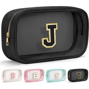 YOOLIFE Initial Travel Essentials Makeup Bag, Skin Care Clear Toiletry Bag Pouch Cosmetic Bag Case Large Makeup Bag Personalized Birthday Gifts for Women Birthday Gifts for Her Wife Black J (EXP 09/24/33)