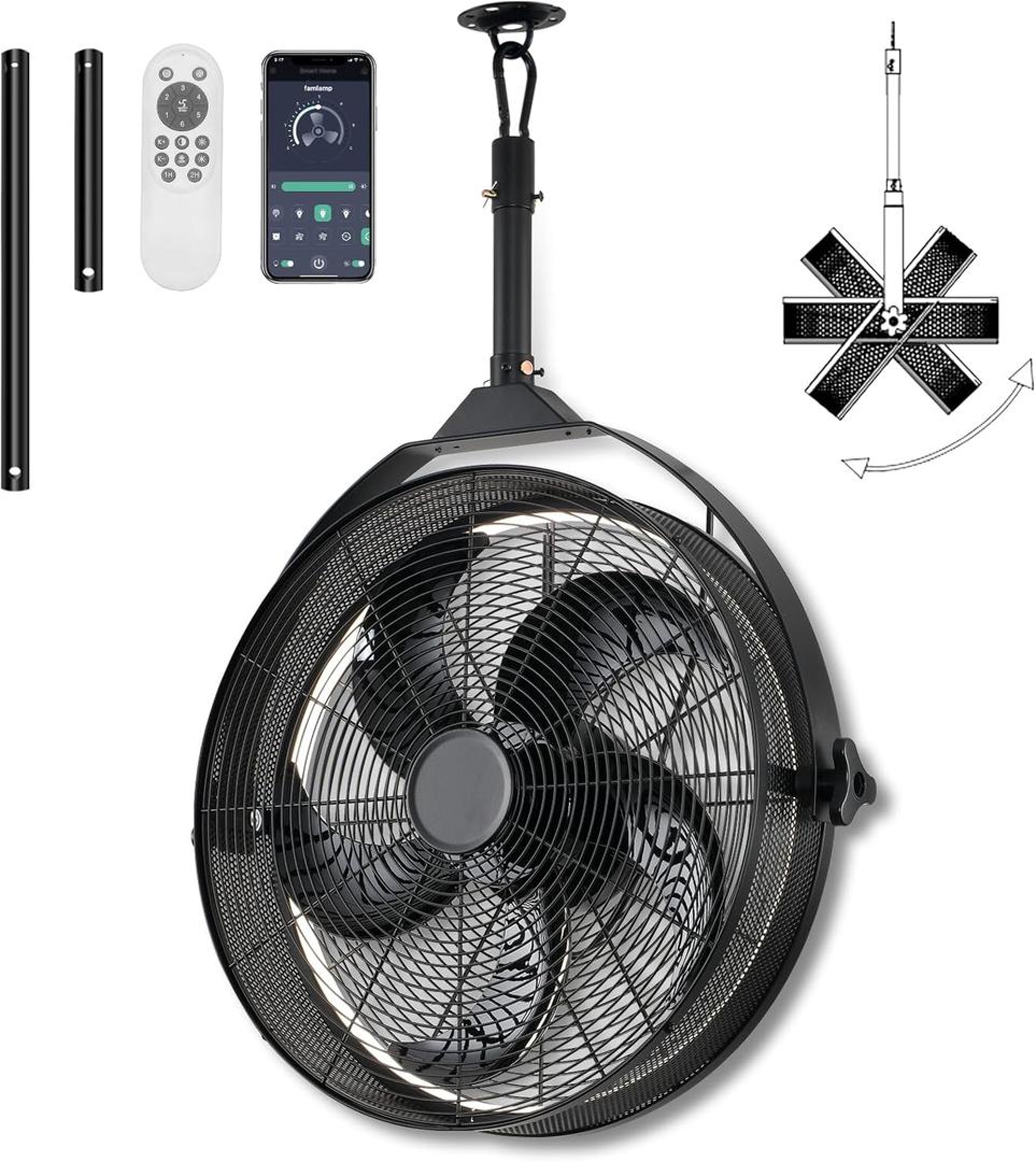 Outdoor Hanging Ceiling Fans with Lights,Gazebo Fan with Hook Remote&APP Control,Dimmable Hanging Fan with Plug in Cord for PergolaPatios,BLACK