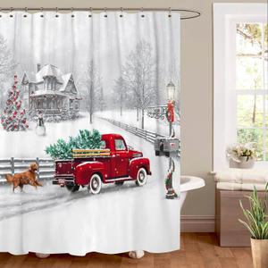 Jbralid Winter Christmas Shower Curtain White Snow Vintage Red Truck Holiday Trees and Pet Dog Welcome Home Bathroom Shower Curtain with Hooks Waterproof Home Decor Curtain 60x72 Inch
