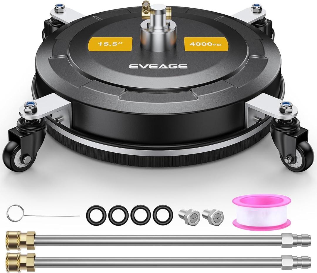 EVEAGE 15.5" Pressure Washer Surface Cleaner with 4Wheels, Stainless Steel Power Washer Accessory for Driveways Patios Cleaning, 1/4" Quick Connector & 2Extension Wand Attachments (15.5 in-Black)