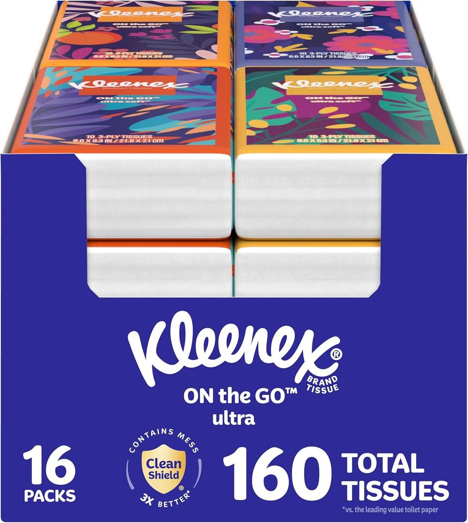 Kleenex On-The-Go Facial Tissues, 16 On-The-Go Packs, 10 per Box, 3-Ply (160 Total)