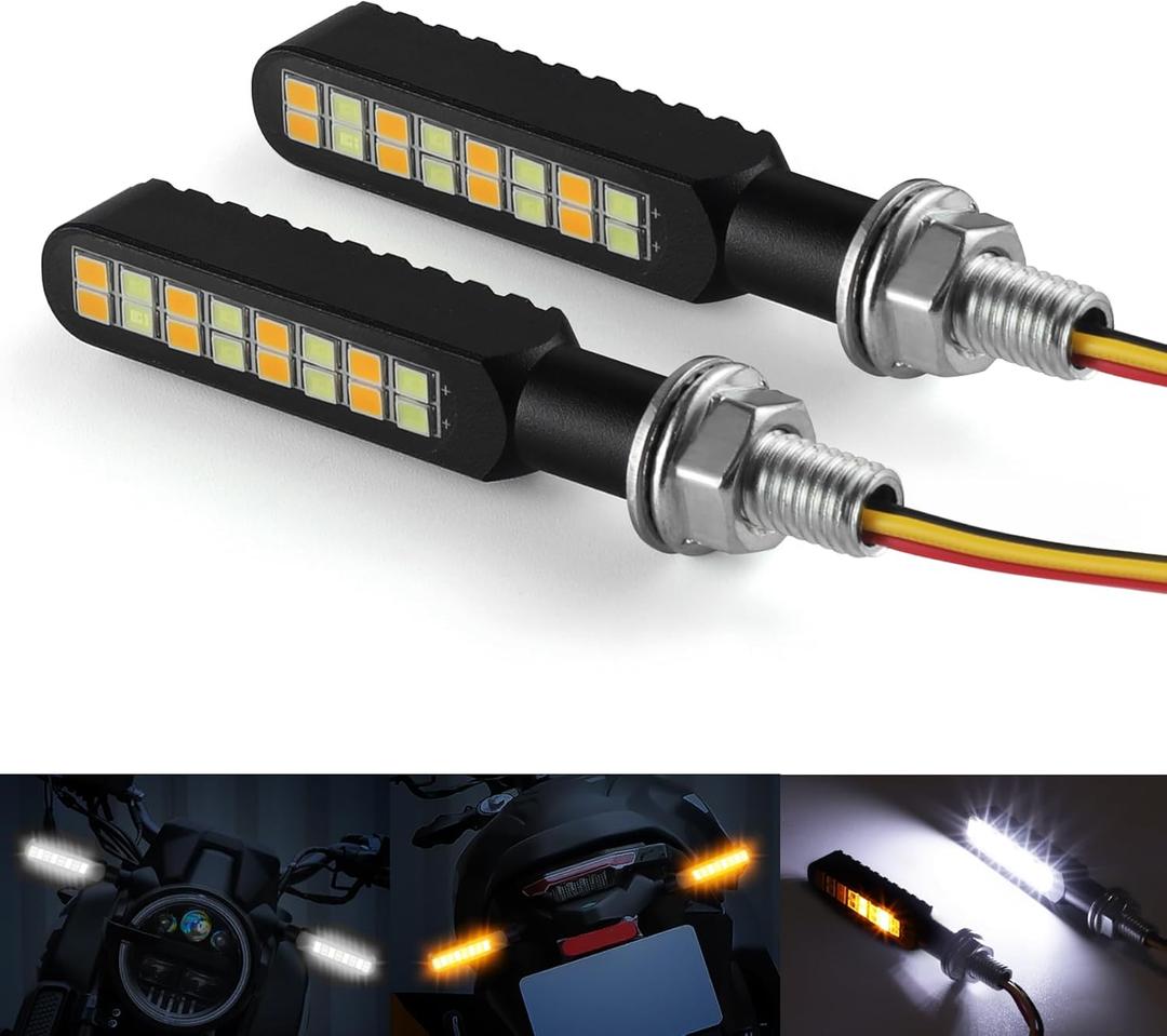 2PCS Flowing LED Motorcycle Turn Signal Daytime Running Lights, Aluminum Alloy 12V Super Bright Motorbike Front Rear Blinkers Fit for Harley Honda KTM Kawasaki Suzuki Yamaha - White & Amber