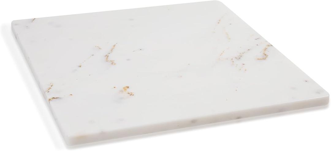 Natural Marble Cutting Board for Kitchen, 16x16 inch White Marble Pastry Board, Stone Serving Slab Hand Crafted for Cheese, Dough, Dessert, Chocolate (Ivory White & Gold)
