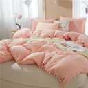 IHOUSTRIY Kid's Duvet Cover Twin Size,100% Washed Microfiber 2pcs Girl Bedding Duvet Cover Set, Pom Poms Fringe Solid Color Soft and Breathable with Zipper Closure & Corner Ties (Peach Pink, Twin)