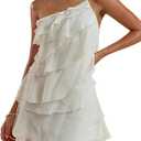 Women's Mini Dress One Shoulder Ruffle Mesh Dresses Layered Backless Vacation Party Sundresses, Small