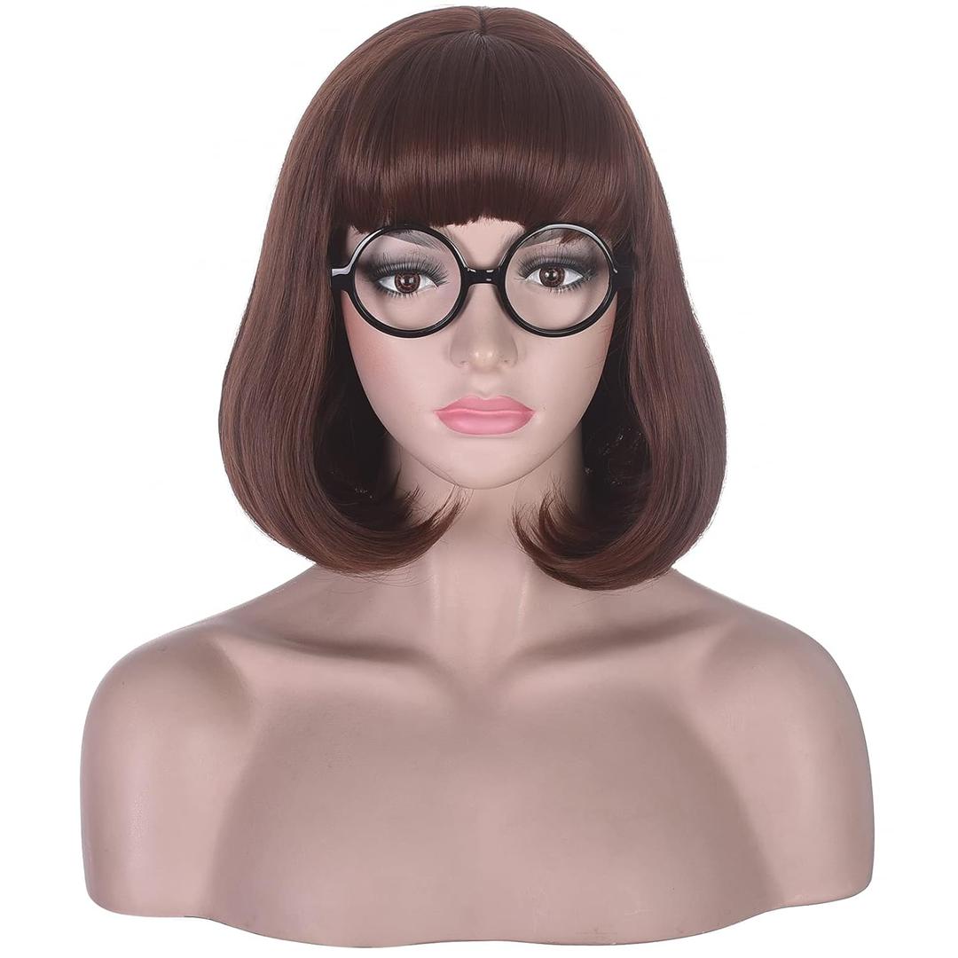 morvally Short Brown Bob Wig with Bangs for Cosplay Costume Halloween Party Including Glasses (Brown)