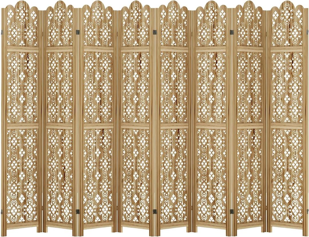 Casaphoria 8 Panels Room Divider, Folding Screen Room Divider with Copper Coin Pattern for Home Office, Restaurant and Bedroom, Paulownia Wood, 127" W x 67" H (Natural)