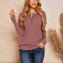 Womens Henley Shirts V Neck Long Sleeve Button Down Tops Warm Waffle Knit Tees (Pink)
