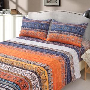 DJY Boho Sheets Set Queen Size(4 PCS) Orange Blue Bohemian Colorful Striped Bedding Sheets 14" Deep Pocket Indian Floral Fitted Sheet Flat Sheet 2 Pillowcases