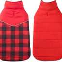 Geyecete Reversible Plaid Dog Winter Coat - Water Resistant, Soft, Warm - Leash Hole - Red - L