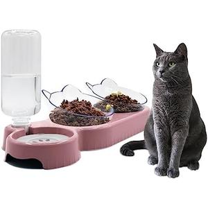 Triple Cat Bowls,15°Tilt 3-in-1 Water Feeder Bowls Cat Double Food Bowls with Automatic Water Bottle Bowl, Whisker Friendly Wet and Dry Cat Elevated Feeding Dishes for Small Cat and Puppy (Pink)