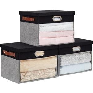 Fabric Clear Window Storage Bins with Lid, Closet Storage Box Linen Closet Baskets with 3 Handles for Organizing Clothing, Jeans, Shelves 15''- 3 Pack (Gray and Black)