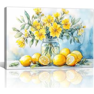 2 x Yellow Flower Wall Art Kitchen Lemon Fruit Painting Prints Rustic Farmhouse Pictures Wall Decor Watercolor Artwork for Dining Room Bathroom Decor Framed(Lemon-2,16L x 24W)