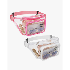 Veckle 2 Pack Clear Fanny Pack Stadium Approved - Adjustable Belt Bag for Women Men Fits Sport Events, Travel, Beach, Concerts, Stadium Waist Bag, White + Pink