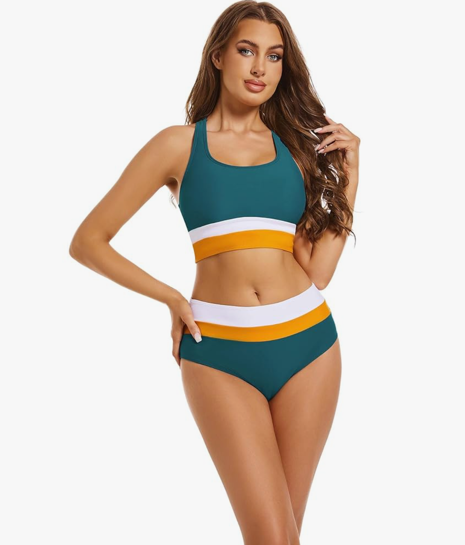 Subriank 2 Piece Swimsuit for Women 2024 High-Waisted Color Block Bathing Suits Modest Sporty Bikinis Set (Teal, XL)