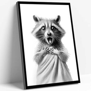 Framed Raccoon Bathroom Wall Art, Funny Black and White Raccoon in Towel Canvas Print, Whimsical Animal Decor, 8x10 Inches, for Bathroom, Kids Room, Powder Room