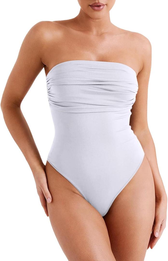 REORIA Women's Sexy Strapless Ruched Bodysuit Tube Top Sleeveless Trendy Body Suits (White, X-Large)