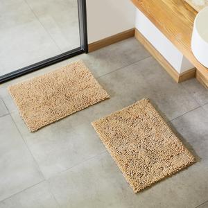 TECHMILLY Soft Fluffy Chenille Bathroom Rugs Sets 2 Pieces, Non Slip Absorbent Bath Mats for Bathroom, Washable and Quick Dry, Khaki, 17" x 24" (2 Pack)