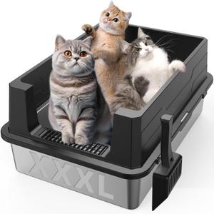 XXXL Stainless Steel Litter Box,Extra Large 28" L x 20" W Metal Litter Box for Big Cats & Multiple Cats with High Sided, Anti-Urine Leakage, Non-Sticky, Easy Cleaning, Include Scoop(Black)