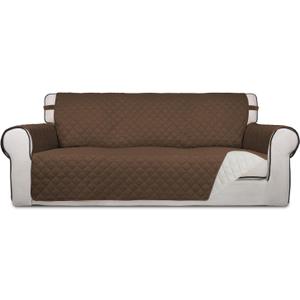 PureFit Reversible Quilted Sofa Cover, Water Resistant Slipcover Furniture Protector, Washable Couch Cover with Non Slip and Elastic Straps for Kids, Dogs, Pets (Oversized Sofa, Coffee/Ivory) (X-Large)