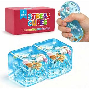 Squeeze Toys Squishies Stress Cube - 2 Pack Stress Relief Fidget Toy for Teens & Adults, Soft TPR Sensory Squeeze Toy for Anxiety Relief, Cool Office Desk Decor & Party Favors, Durable & Washable, 2PCS-BLUE